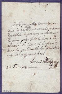 1848年2月24日、パリのコント、パリのルイフィリップ（1773-1850）が孫のルイフィリップアルベールドルレアン（1838-94）に代わって王位を棄権する行為 作： Louis Philippe